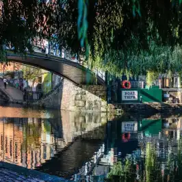 Bridge over canal with reflections of buildings, boat trip sign, and willow branches.