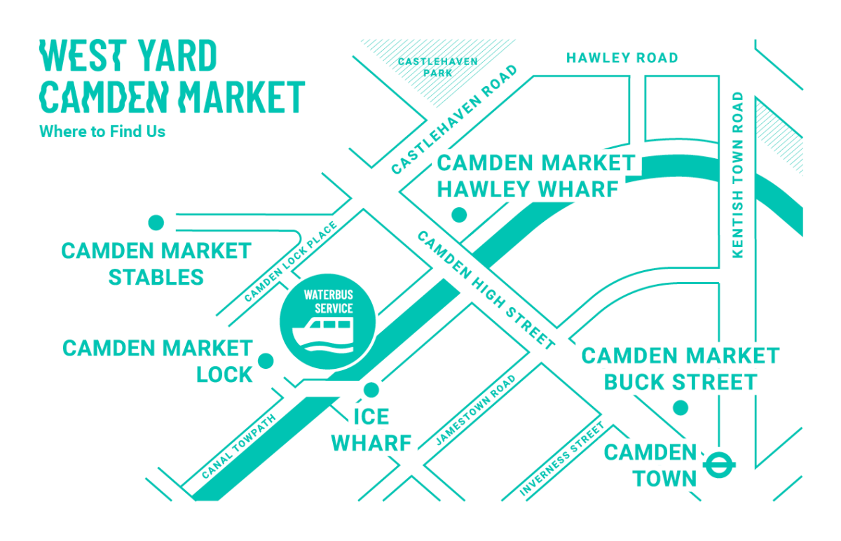 Map of Camden Market showing West Yard, stables, lock, and nearby roads.