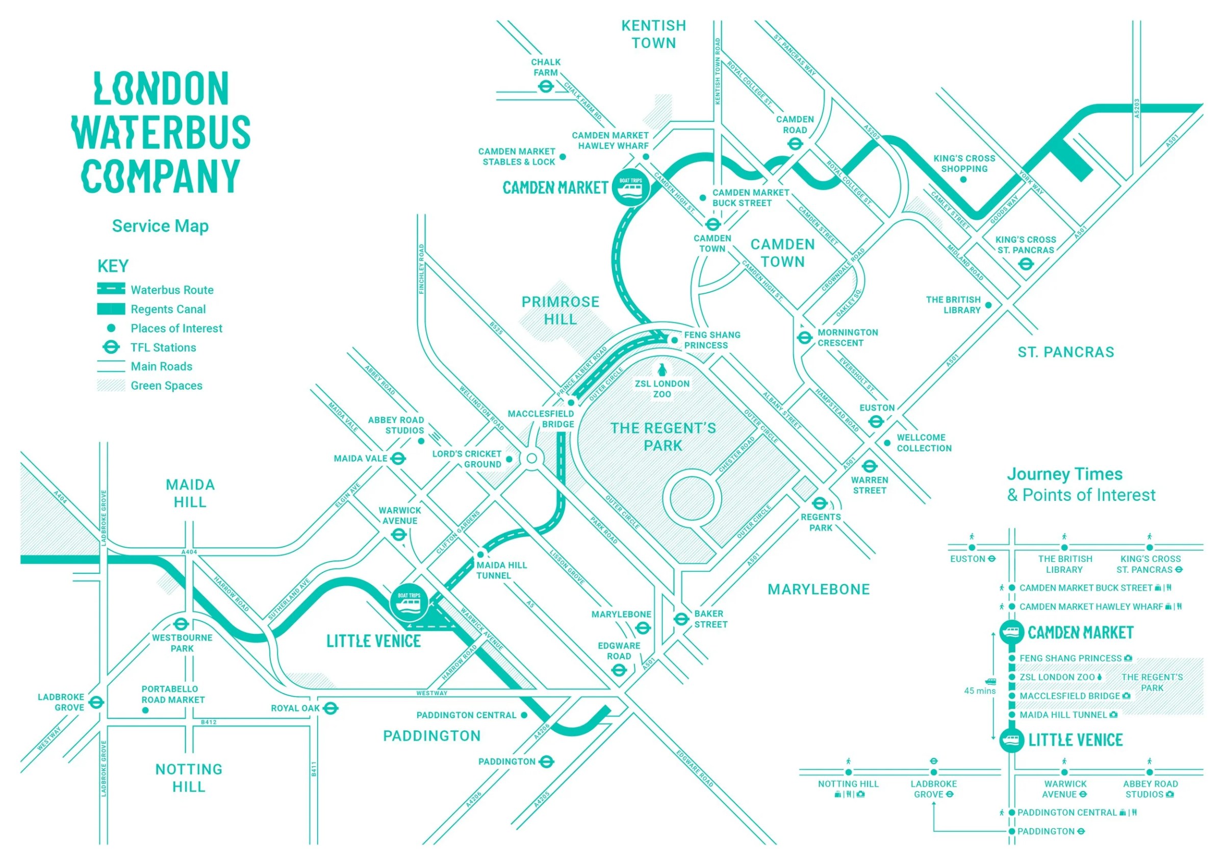 London Waterbus map showing routes and points of interest around Regent's Canal and Little Venice.