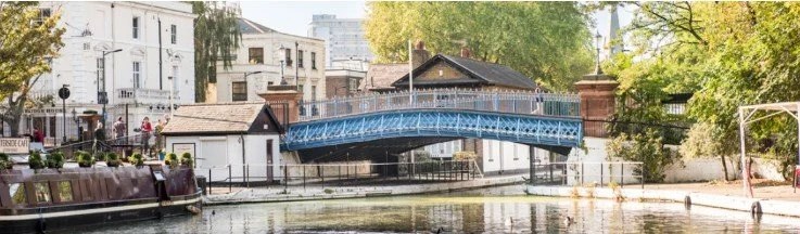 Blue bridge over a canal with buildings and trees in the background.