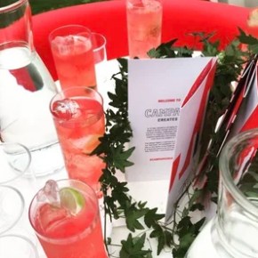 Table with pink drinks, a glass pitcher, and a menu amidst green leaves.