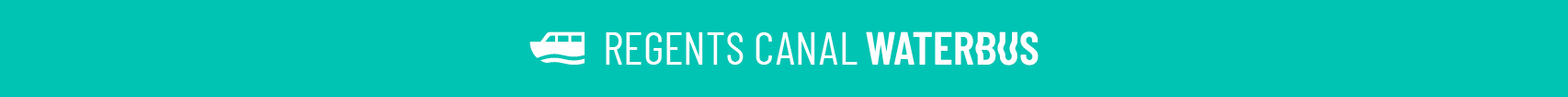 Turquoise banner reading 'REGENTS CANAL WATERBUS' with a boat icon.