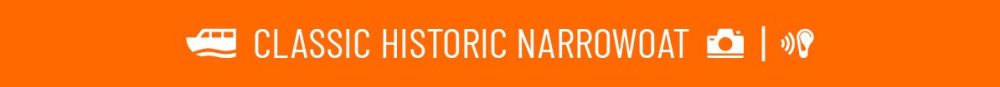 Orange banner with icons of a boat, camera, and light bulb next to 'Classic Historic Narrowboat.'