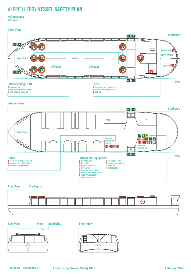 Vessel safety plan diagram for Alfred Leroy, showing deck and interior views with labeled safety equipment.
