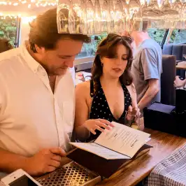 Two people reading a menu at a bar, with glasses hanging above.